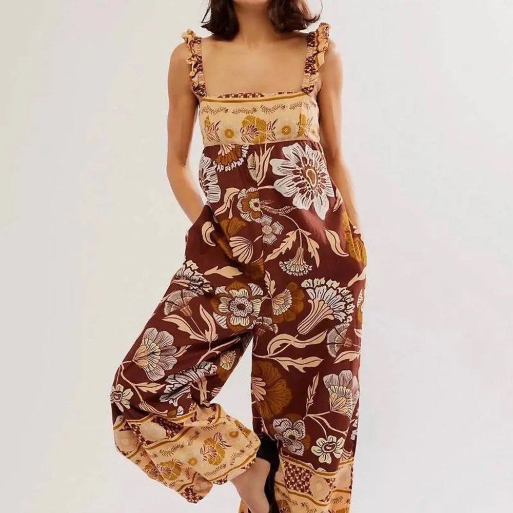 Free People Floral Jumpsuit in Brown and Cream